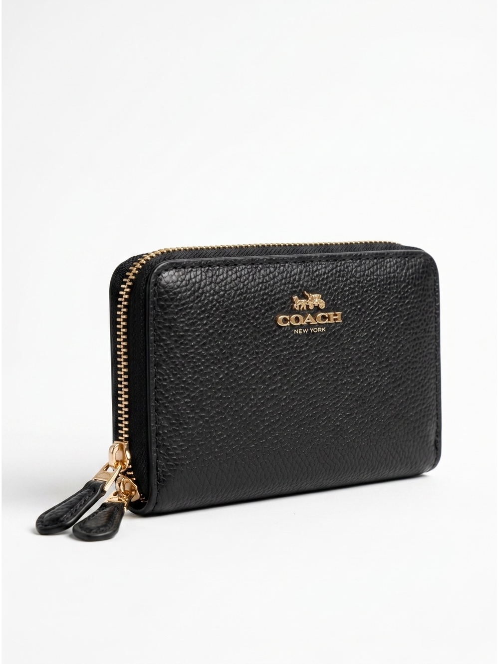 Coach Double Zip Leather Coin Wallet Black Gold Hardware Compact Luxury